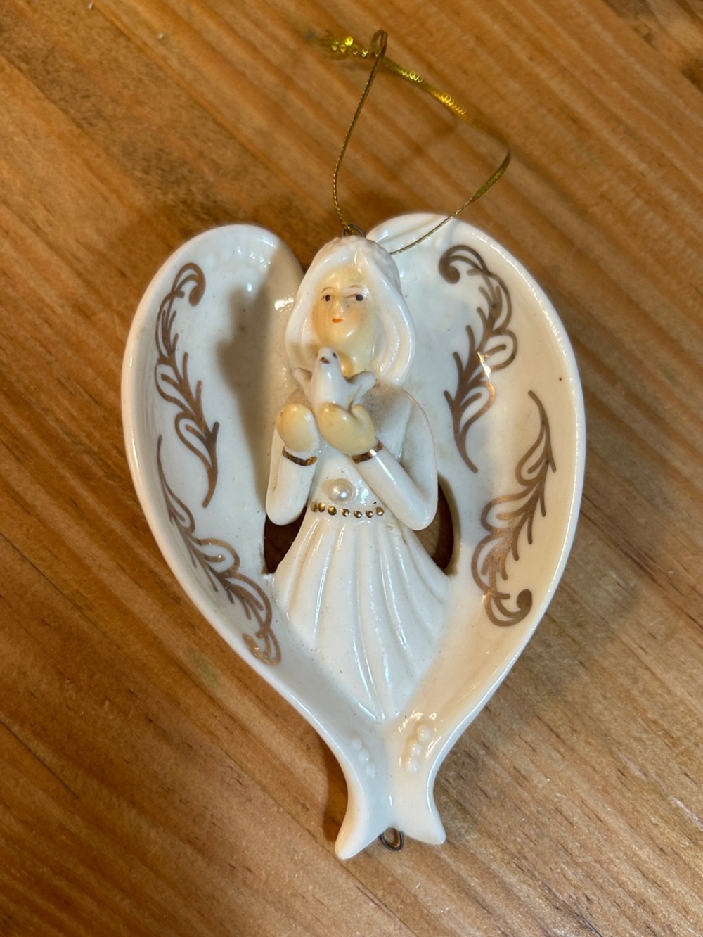 Angel with Dove Christmas Ornament / Ivory Ceramic with Gold Trim